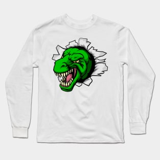 Cartoon Green Dinosaur Ripping Through Long Sleeve T-Shirt